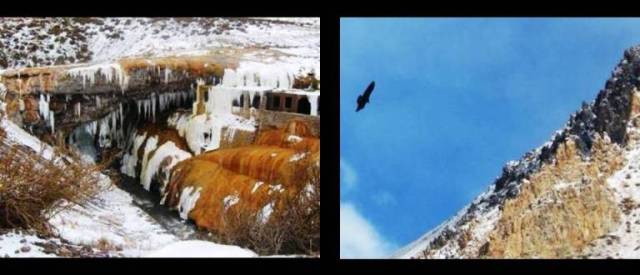 A ponte que já foi trilha e o Condor sobrevoando as montanhas