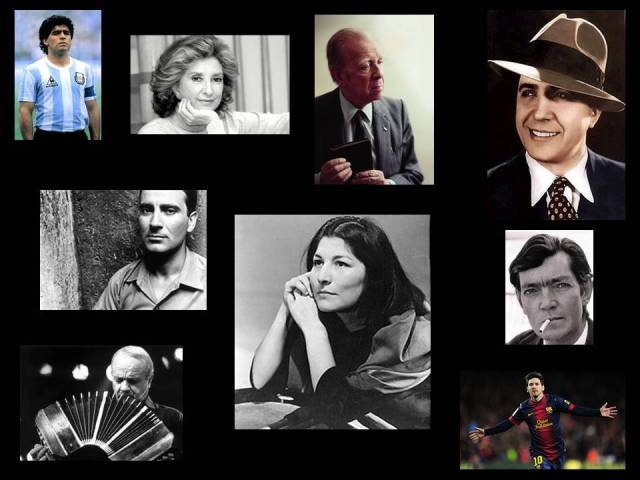 Maradona, Norma Aleandro, Jorge Luís Borges, Carlos Gardel, Manuel Puíg, Mercedes Sosa, Julio Cortázar, Astor Piazolla e Lionel Messi.