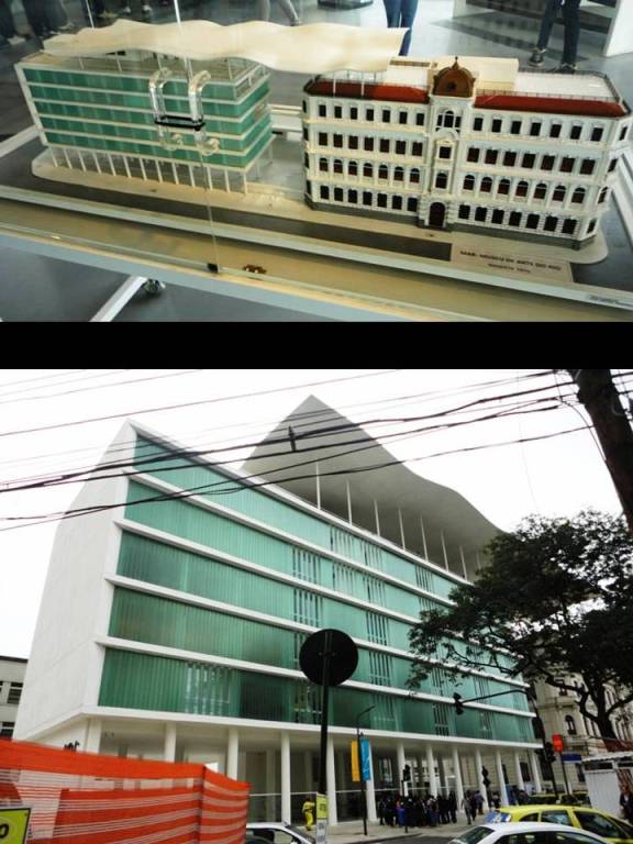 A maquete com os dois prédios e detalhe do MAR