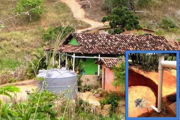 As calhas que coletam a água e, no detalhe, um poço aguardando o tanque.