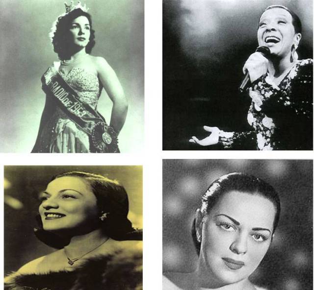 Emilinha Borba, Elizeth Cardoso e, abaixo,as irmãs Dircinha e Linda Batista