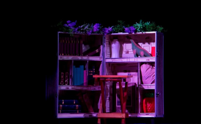 A mala-biblioteca e os demais adereços utilizados em cena.